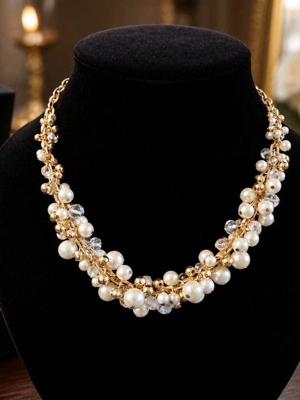 Elegant Gold and Pearl Cluster Necklace